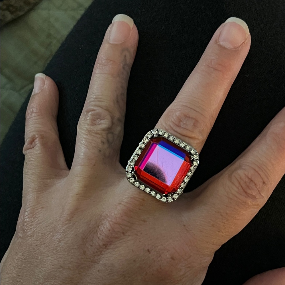 Statement Pink Square Crystal Ring with Clear Halo